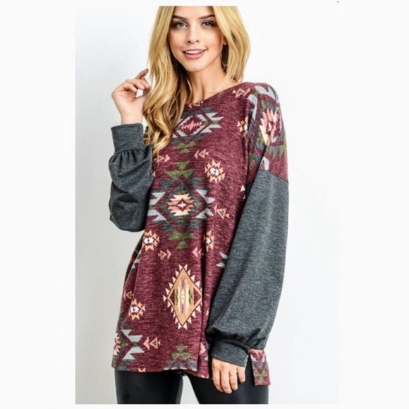 First Love Bohemian Aztec Ethnic Print Long Sleeve Shirt Puff Sleeves NWT Large - Picture 7 of 12